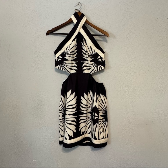 Women's Black and Cream Tropical Halter Mini Cutout Dress - Picture 2 of 8